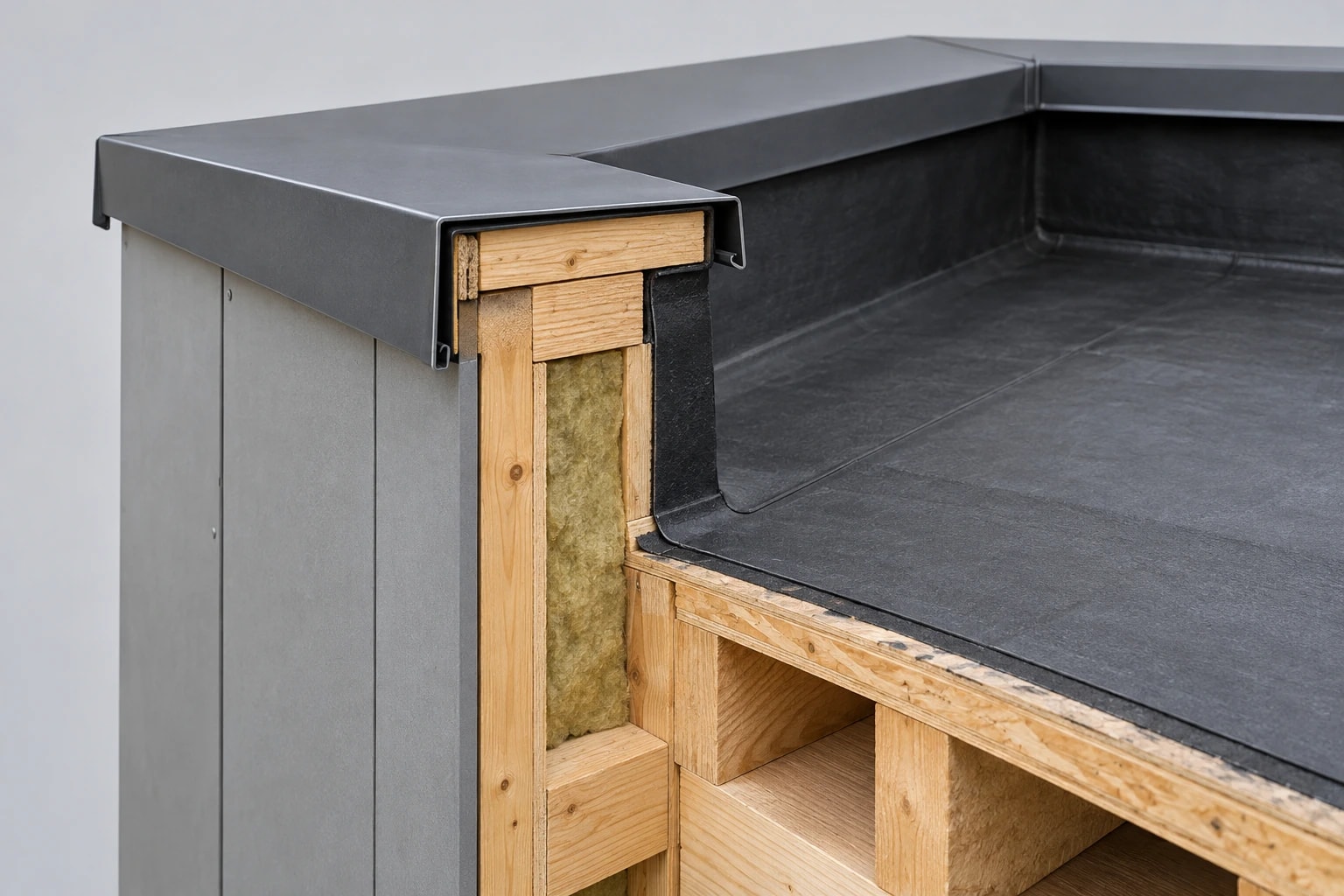 Utsnitt gjennom parapet med grå metallavdekning, treunderlag, isolasjon og oppbrettet takmembran.