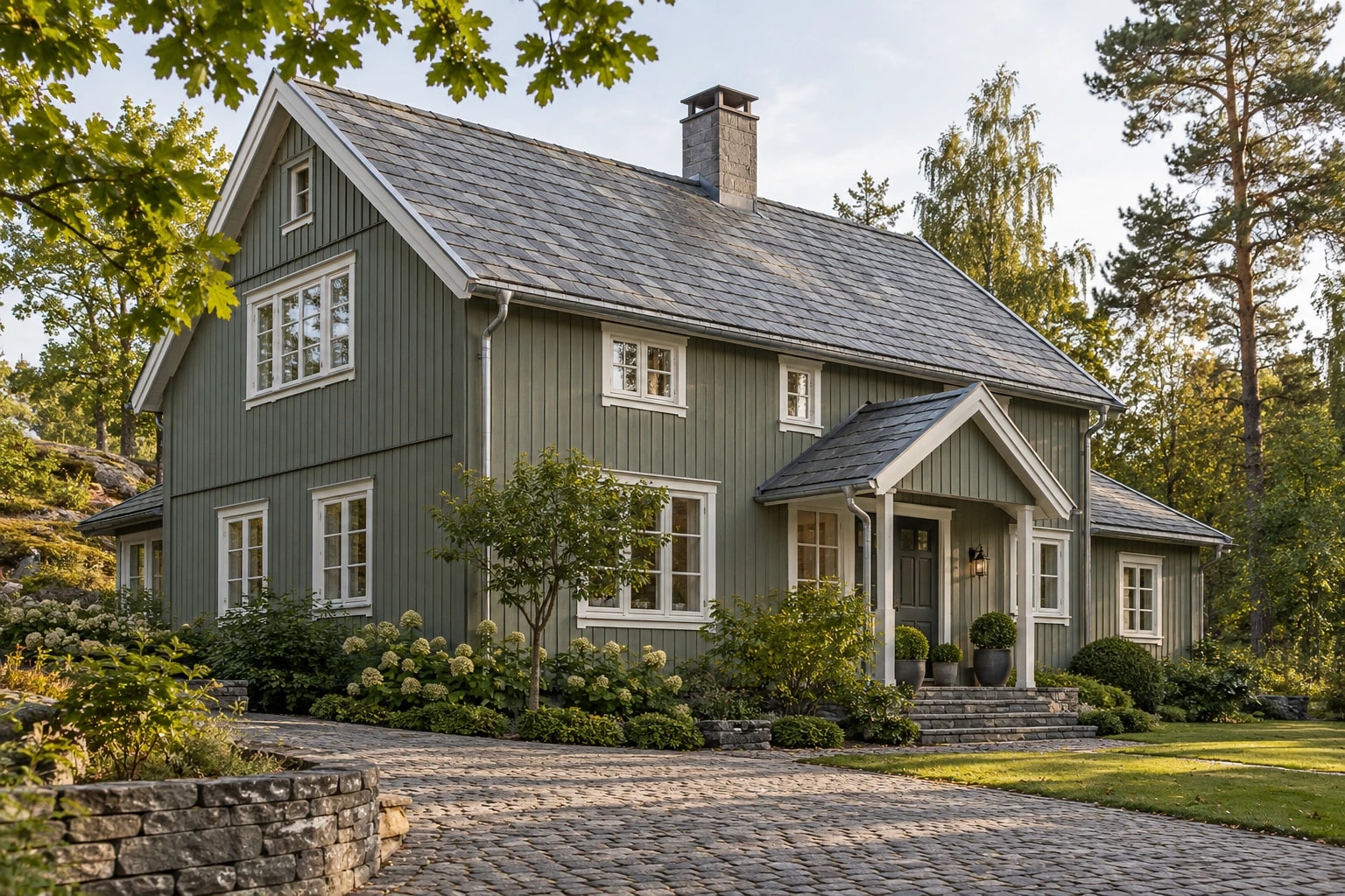 Grønn trevilla med skifertak, sinkbeslag ved takkant og takrenner.
