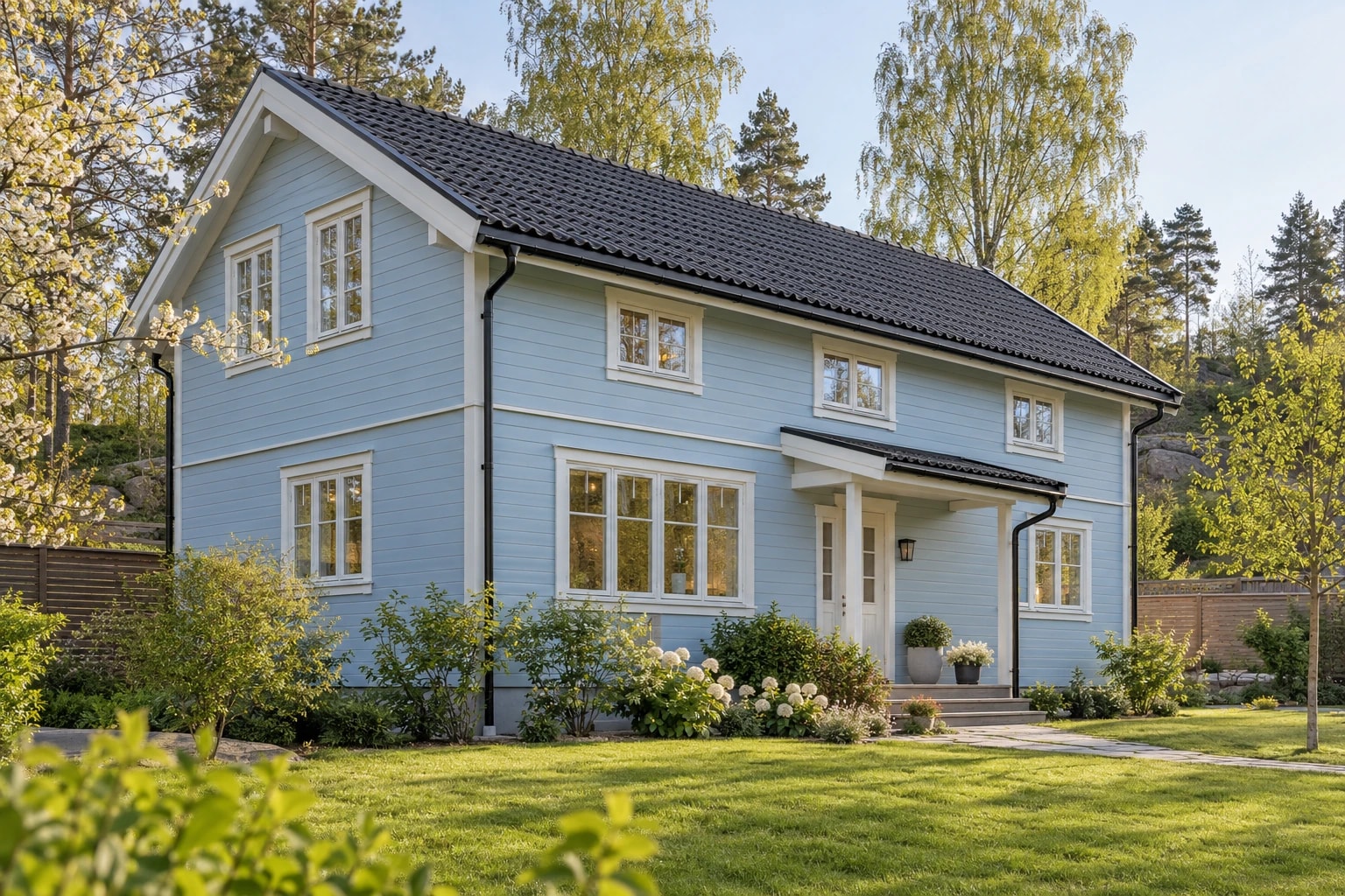 Lys blå trebolig med mørkt taksteinstak, svarte takrenner og nedløp.