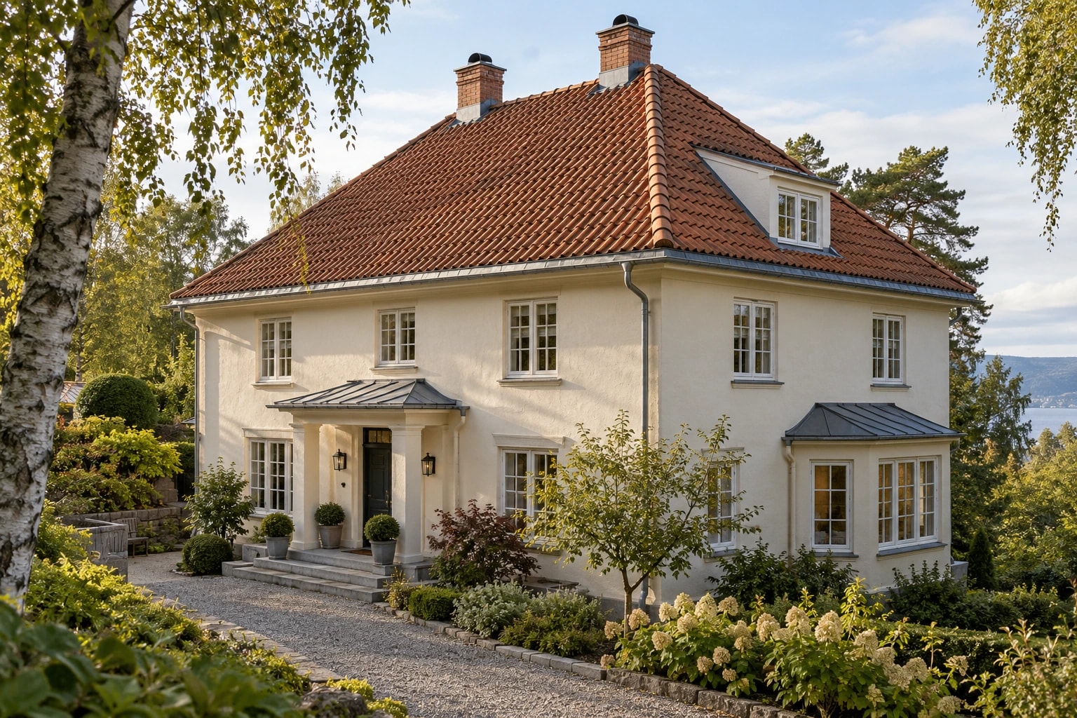 Lys pusset villa med tegltak, pipebeslag og sinkrenner.