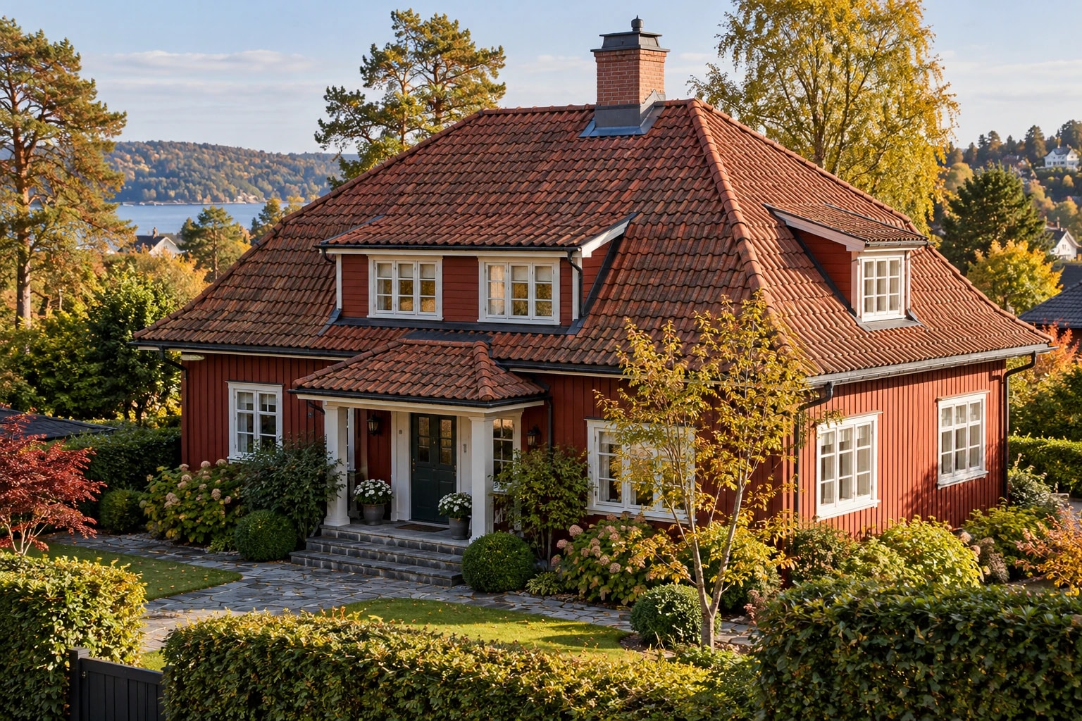 Rød trevilla med valmet tegltak og teglpipe med synlig metallbeslag.