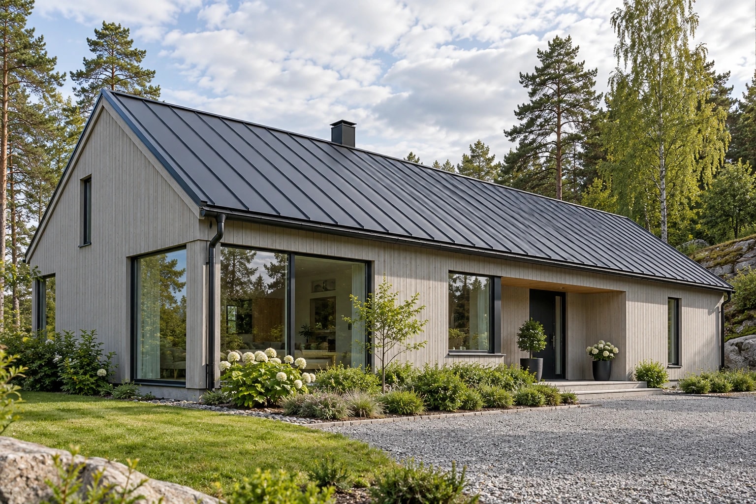 Lav, lysgrå bolig med lange baner i et mørkt falset metalltak.
