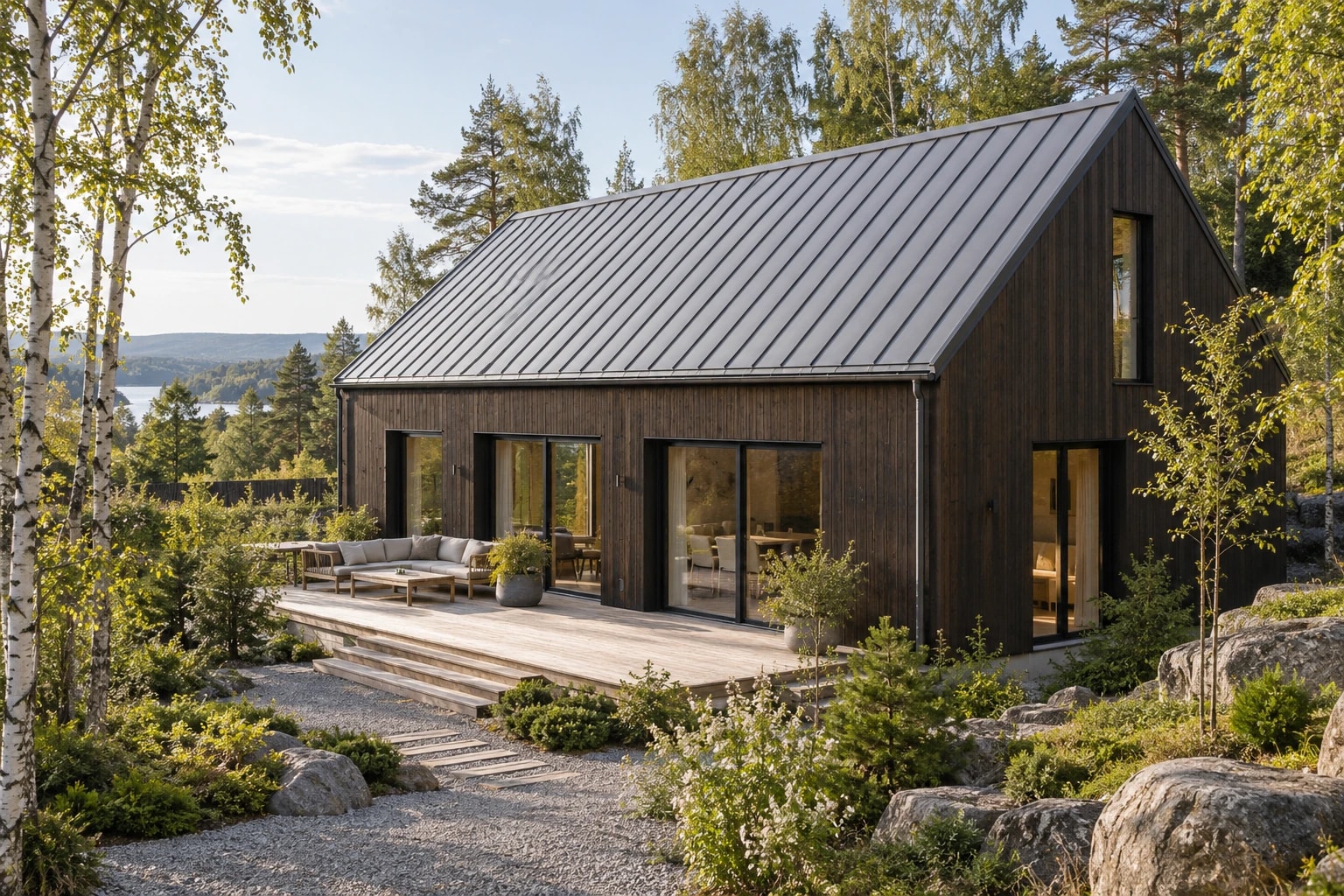 Mørk trebolig med sølvgrått falset metalltak og sammenhengende takrenne.