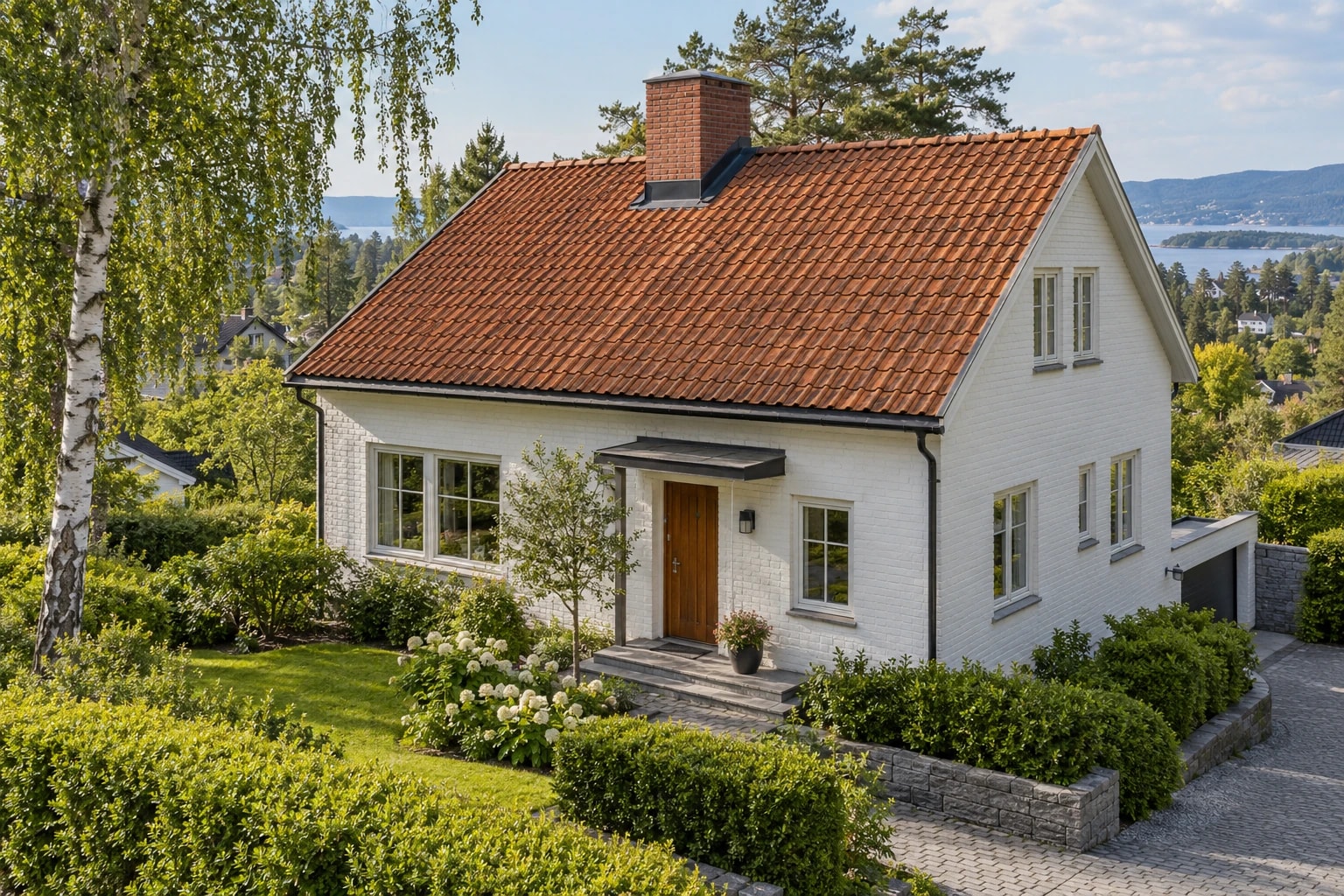 Hvit murvilla med rødt tegltak og synlig pipe med metallbeslag.